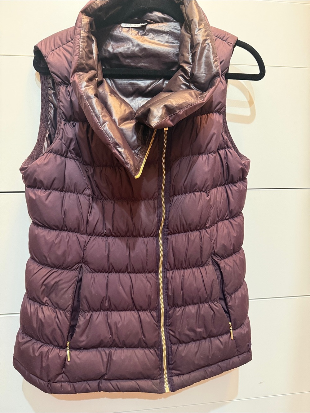 Athleta Quilted Puffer Vest in Plum with Gold Zipper